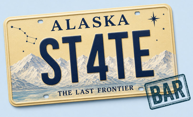 Alaska state license plate banner for ST4TEBAR online bar exam preparation and legal courses