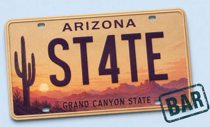 Arizona state license plate banner for ST4TEBAR online bar exam preparation and legal courses