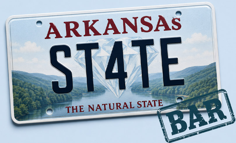 Arkansas state license plate banner for ST4TEBAR online bar exam preparation and legal courses