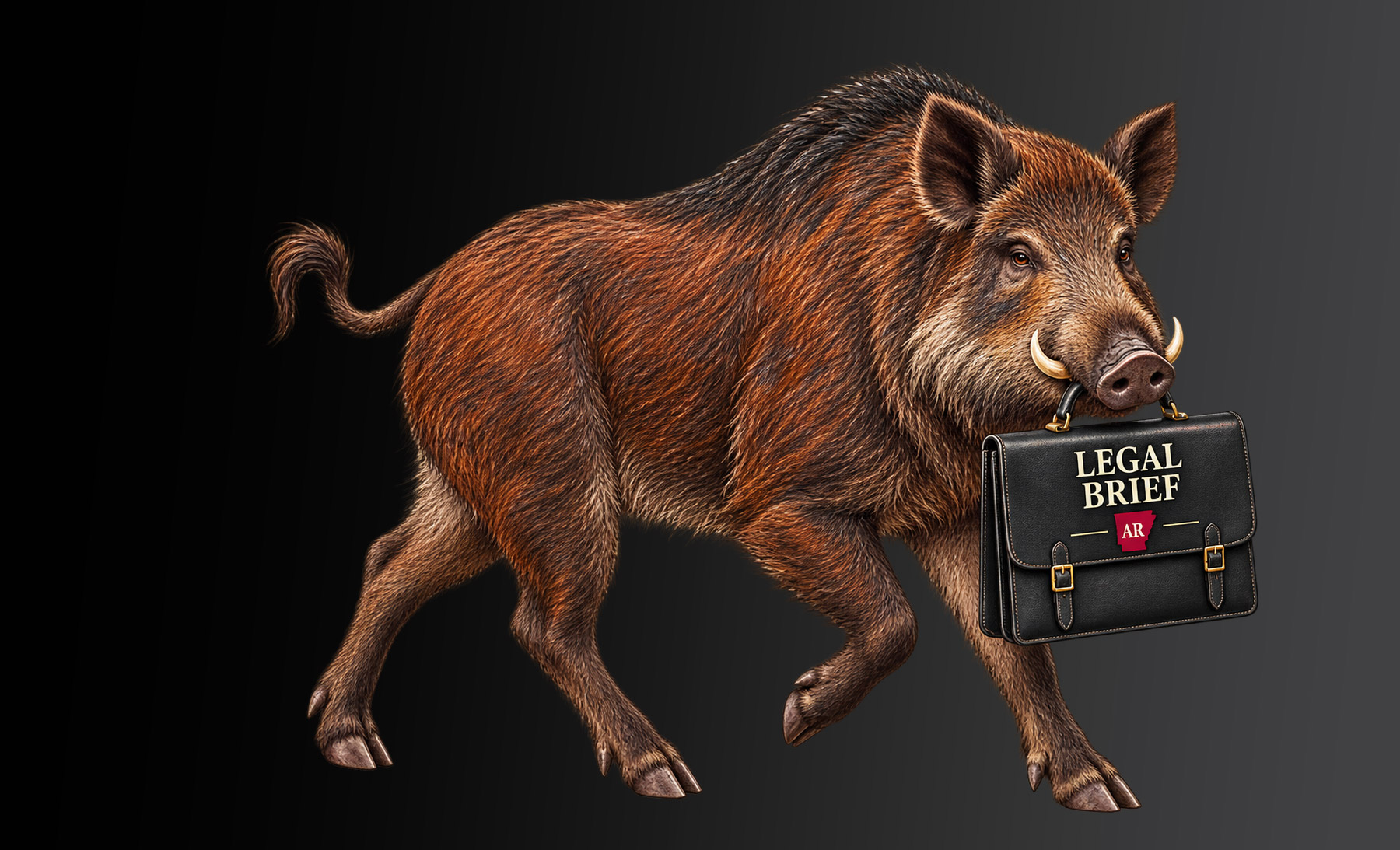 Arkansas legal humor illustration: a razorback carrying a legal brief