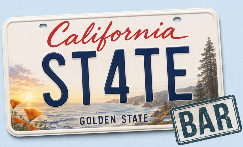 California state license plate banner for ST4TEBAR online bar exam preparation and legal courses