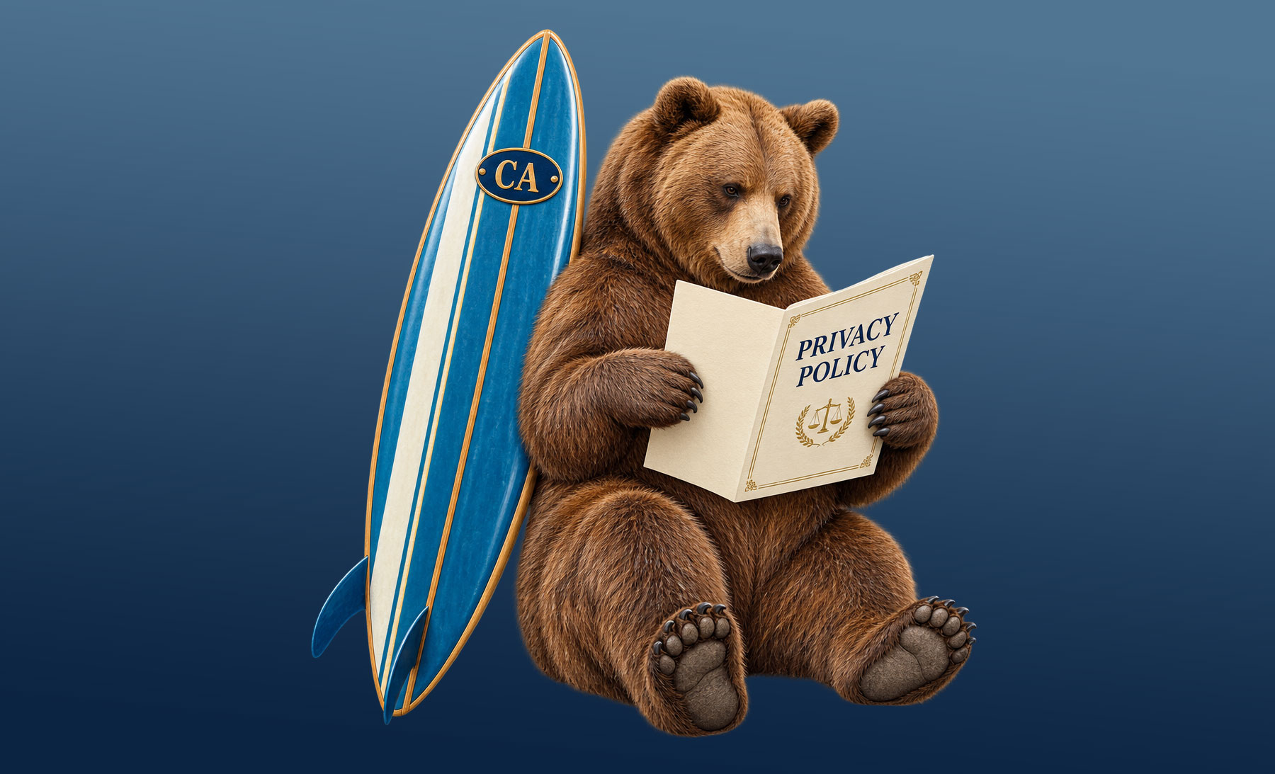 California legal humor illustration: a bear reading a privacy policy on a surfboard