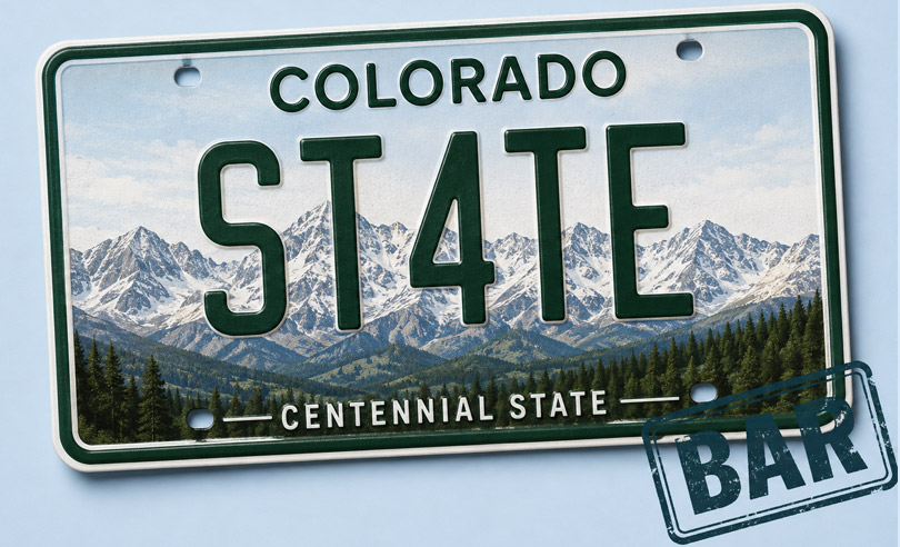 Colorado state license plate banner for ST4TEBAR online bar exam preparation and legal courses