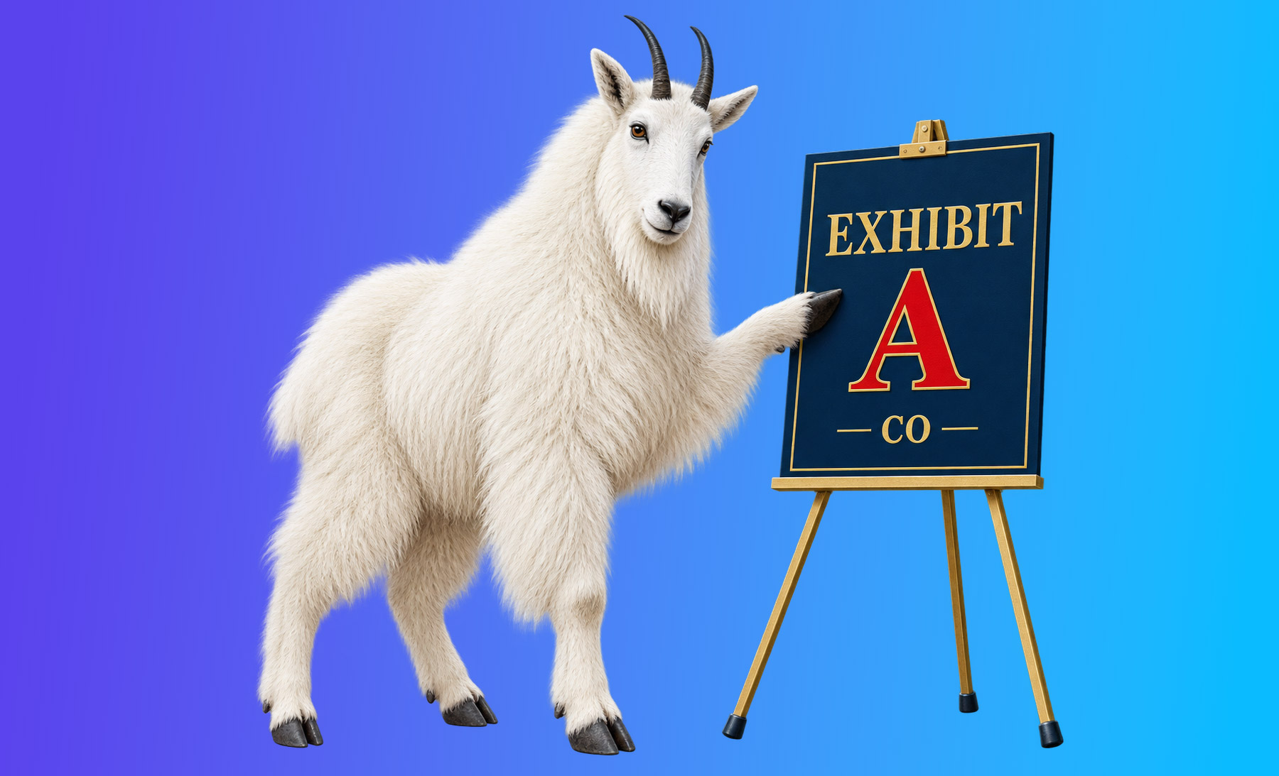 Colorado legal humor illustration: a mountain goat presenting Exhibit A