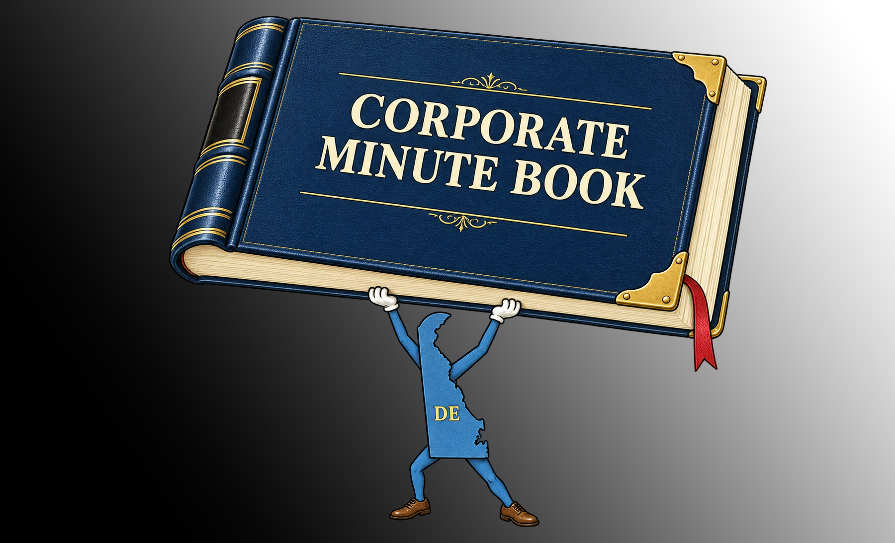 Delaware legal humor illustration: a tiny state holding an enormous corporate minute book