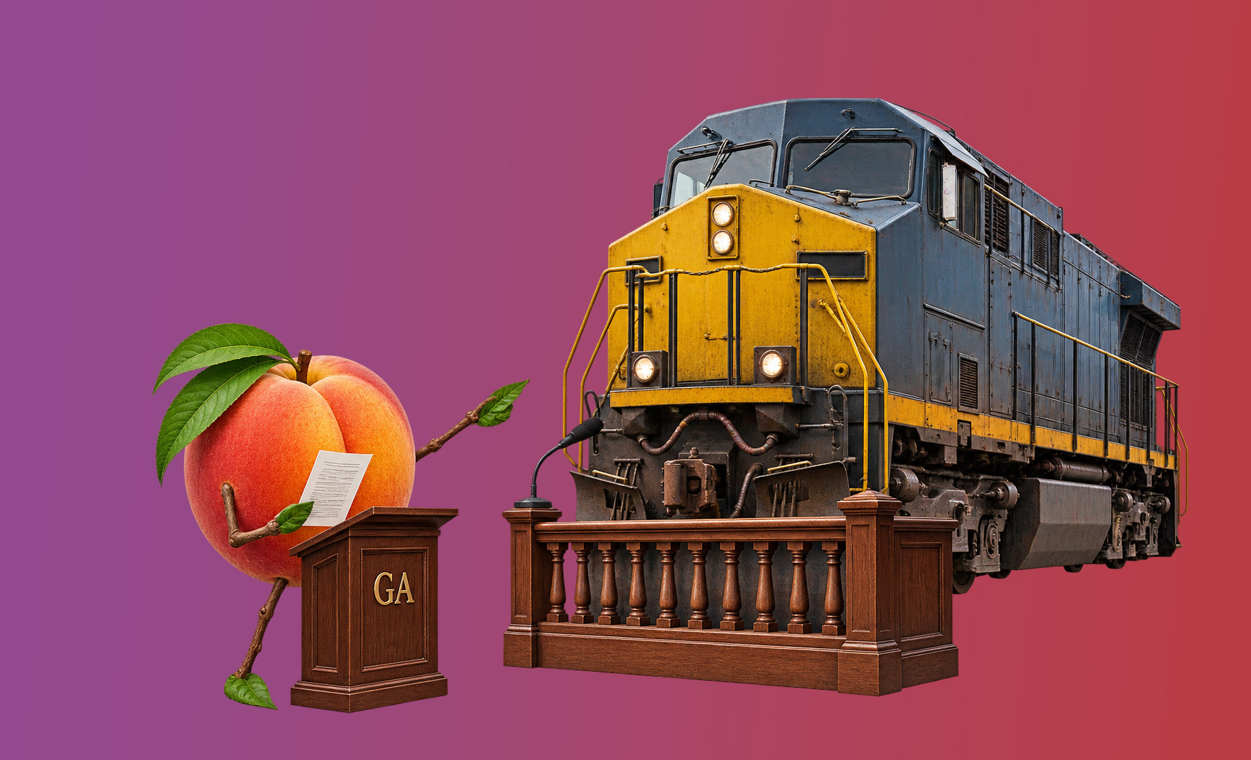 Georgia legal humor illustration: a peach cross-examining a freight train
