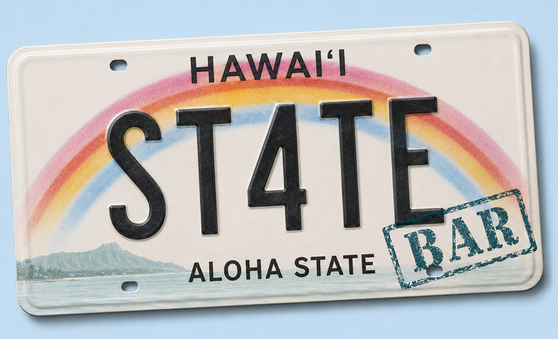Hawaii state license plate banner for ST4TEBAR online bar exam preparation and legal courses