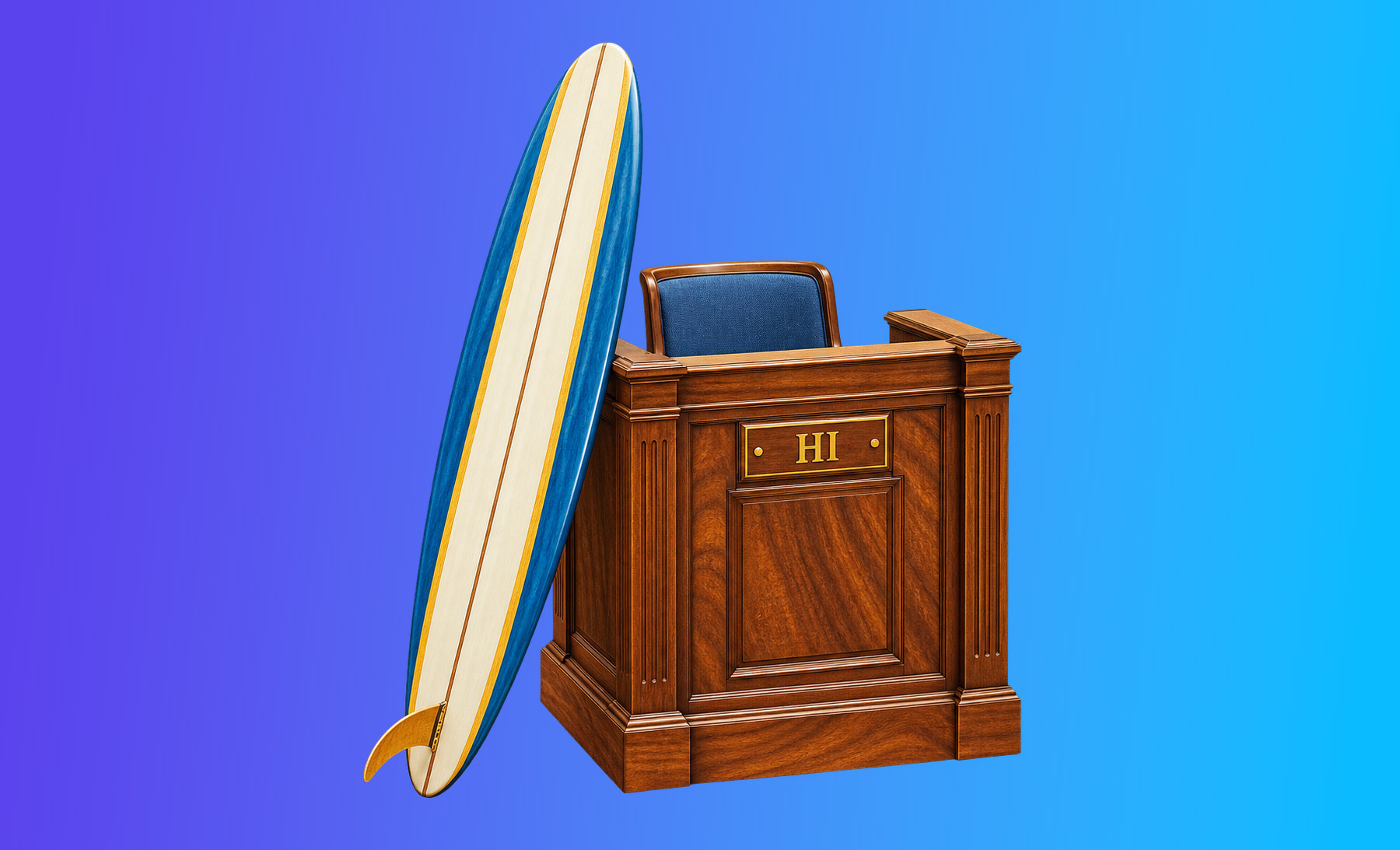 Hawaii legal humor illustration: a surfboard resting against the witness stand