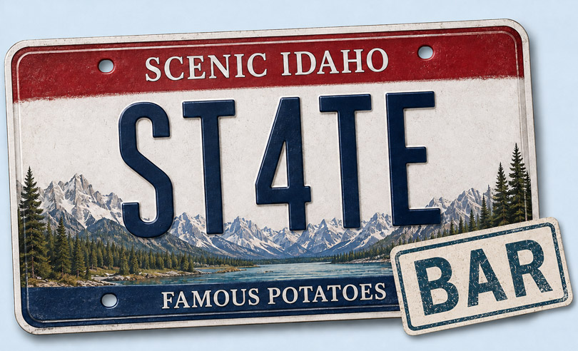 Idaho state license plate banner for ST4TEBAR online bar exam preparation and legal courses