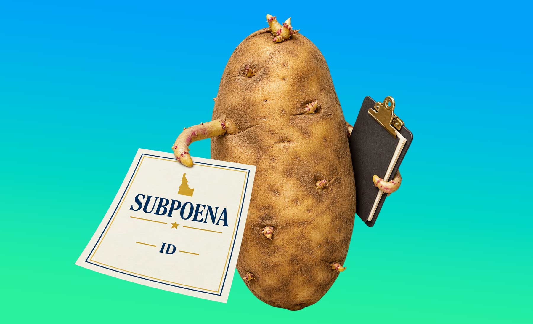 Idaho legal humor illustration: a potato serving a subpoena