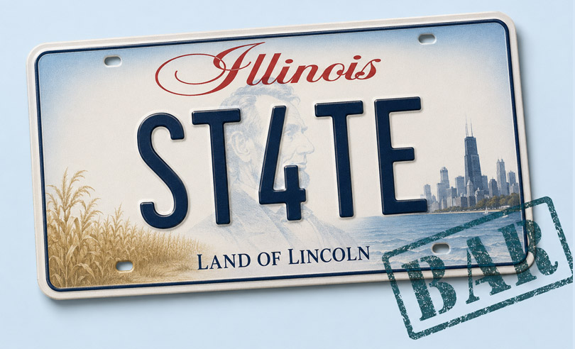 Illinois state license plate banner for ST4TEBAR online bar exam preparation and legal courses