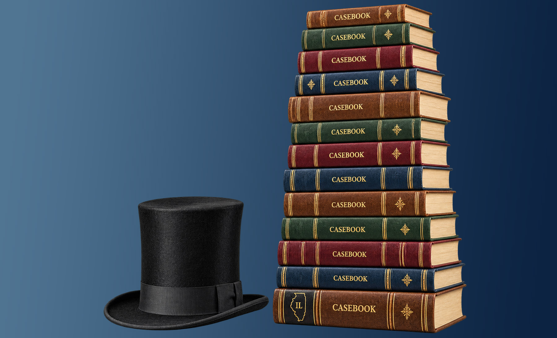 Illinois legal humor illustration: a stovepipe hat beside a very tall stack of casebooks