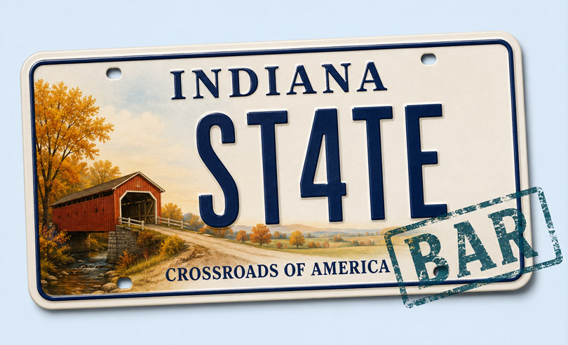 Indiana state license plate banner for ST4TEBAR online bar exam preparation and legal courses