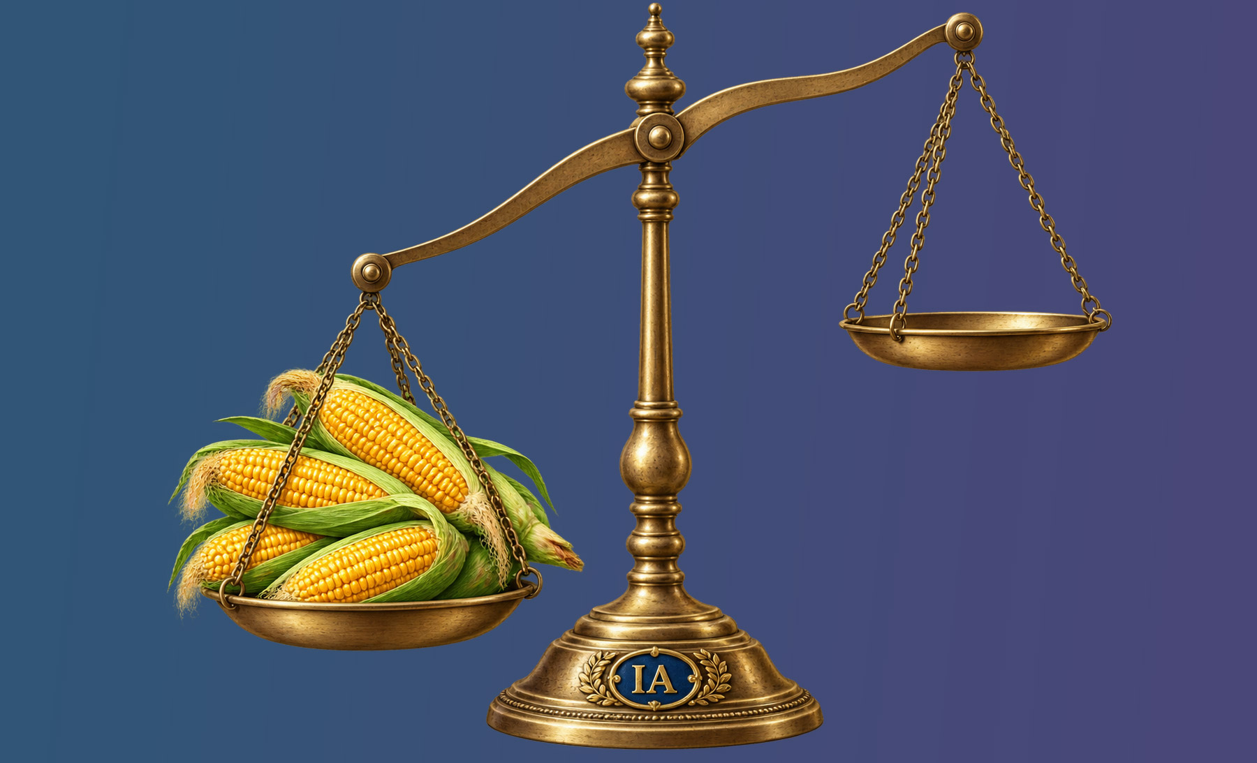Iowa legal humor illustration: corn weighing down one side of the scales of justice