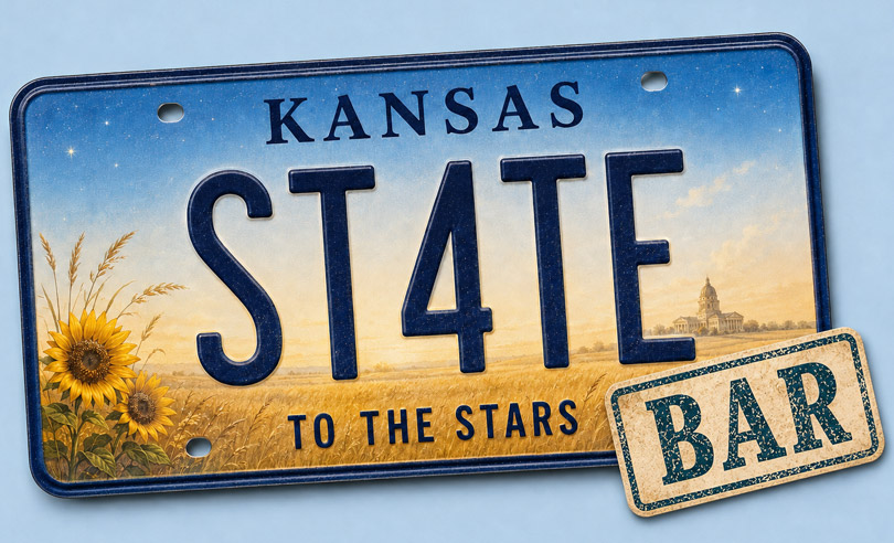 Kansas state license plate banner for ST4TEBAR online bar exam preparation and legal courses