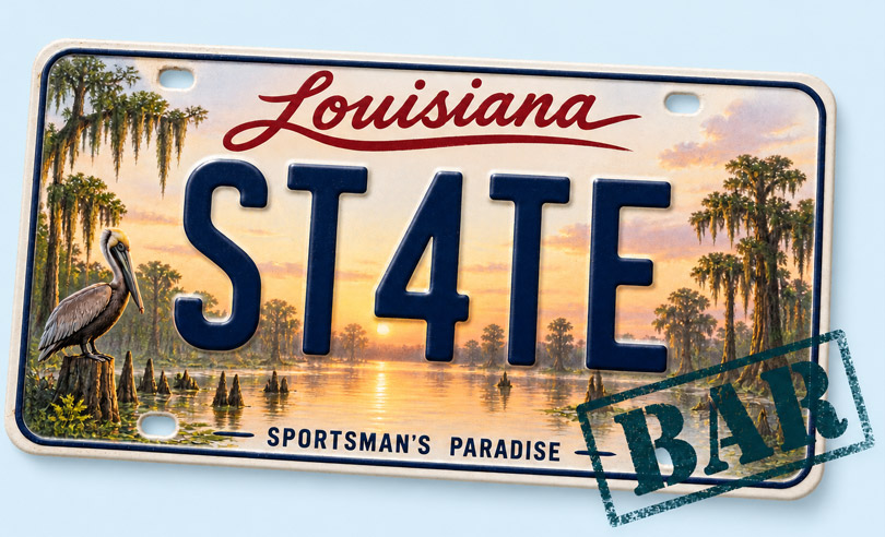 Louisiana state license plate banner for ST4TEBAR online bar exam preparation and legal courses