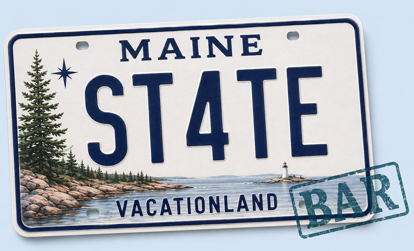 Maine state license plate banner for ST4TEBAR online bar exam preparation and legal courses