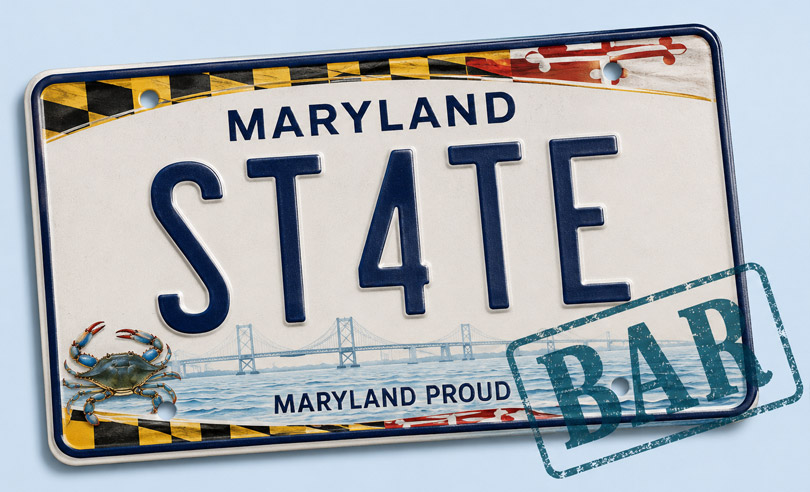 Maryland state license plate banner for ST4TEBAR online bar exam preparation and legal courses