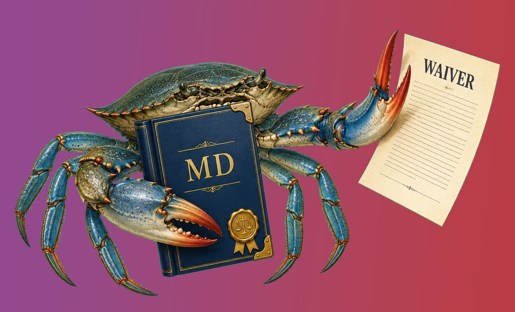 Maryland legal humor illustration: a blue crab refusing to waive privilege