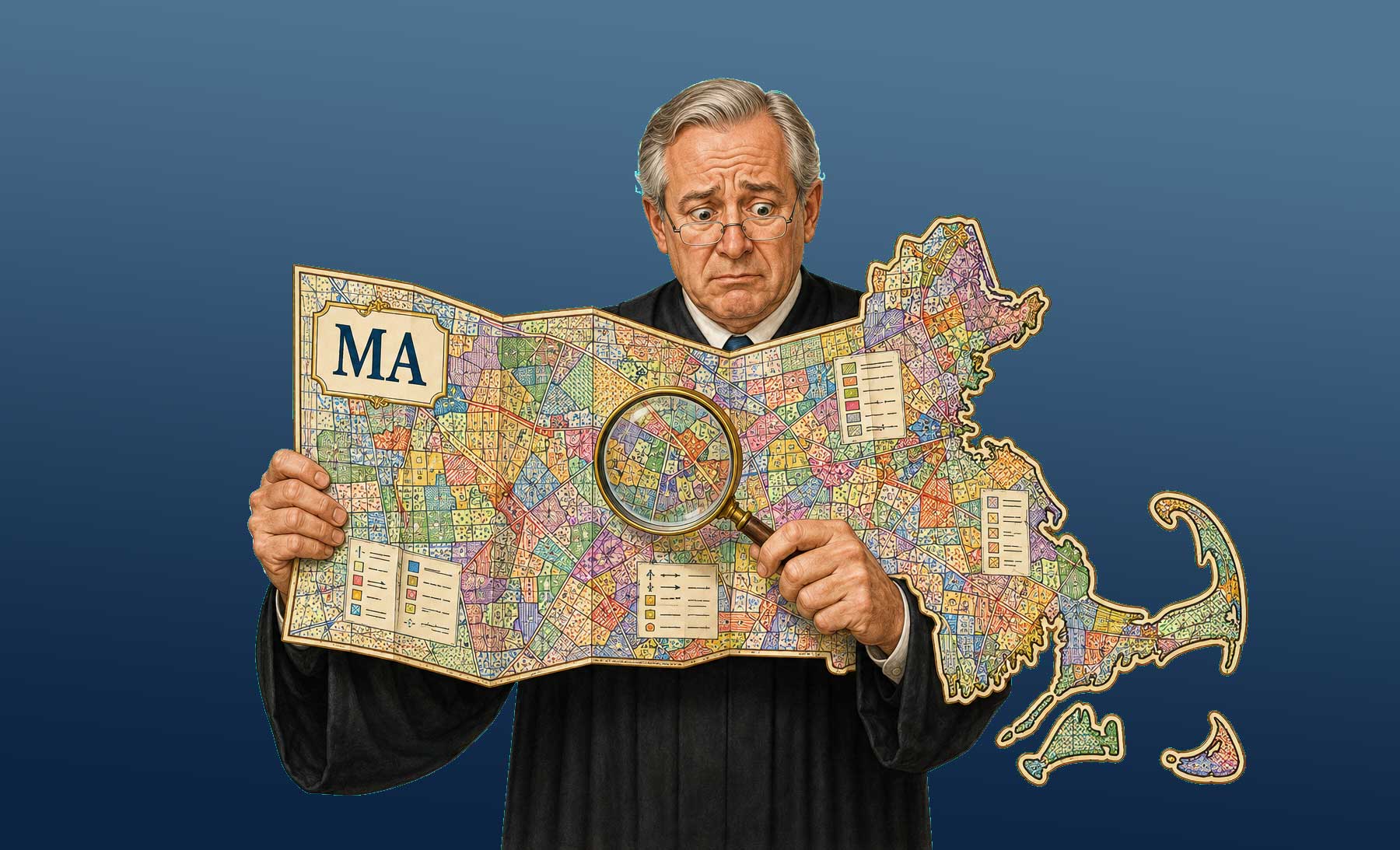 Massachusetts legal humor illustration: a zoning map so complicated even the judge looks worried
