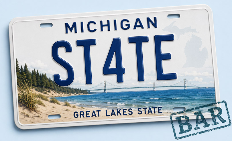 Michigan state license plate banner for ST4TEBAR online bar exam preparation and legal courses
