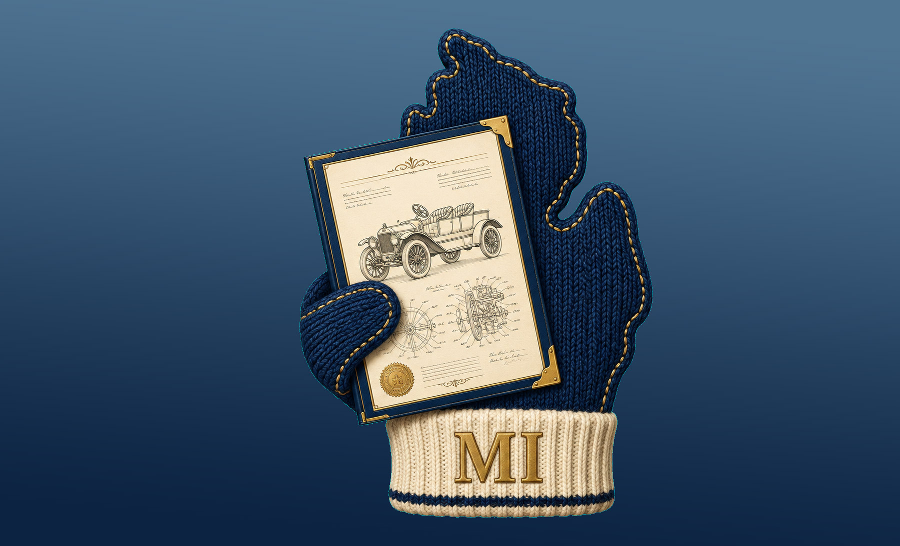 Michigan legal humor illustration: a mitten holding an automotive patent