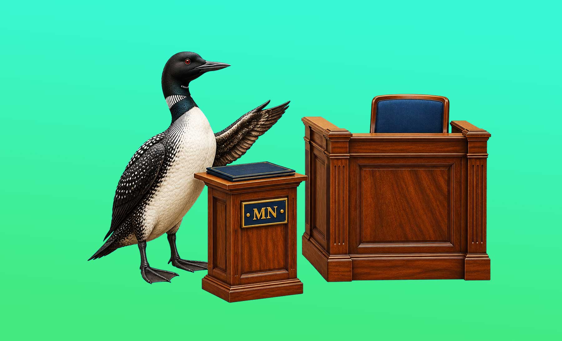 Minnesota legal humor illustration: a loon calmly requesting a sidebar