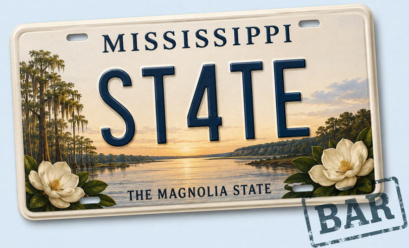 Mississippi state license plate banner for ST4TEBAR online bar exam preparation and legal courses