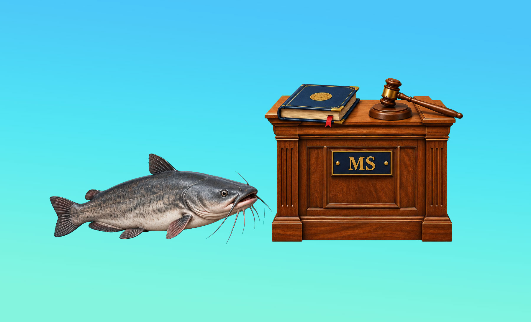 Mississippi legal humor illustration: a catfish awaiting the court’s ruling