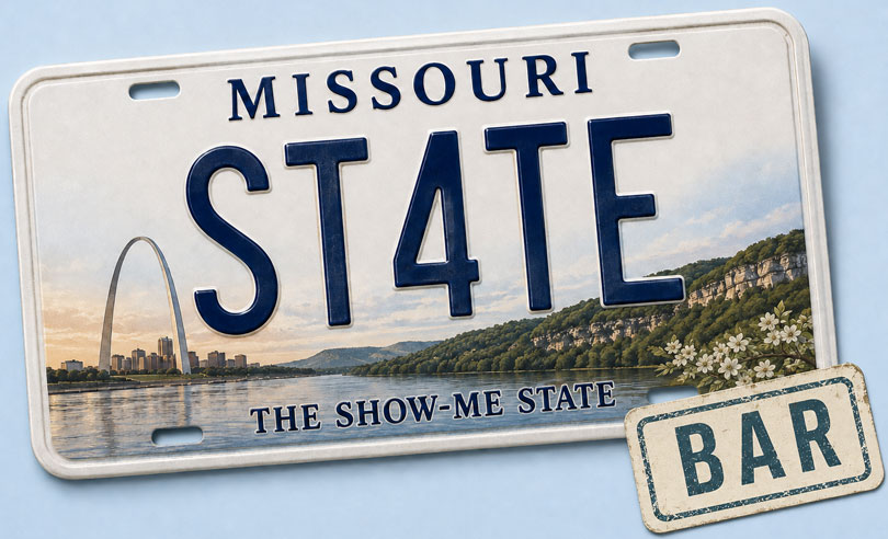 Missouri state license plate banner for ST4TEBAR online bar exam preparation and legal courses
