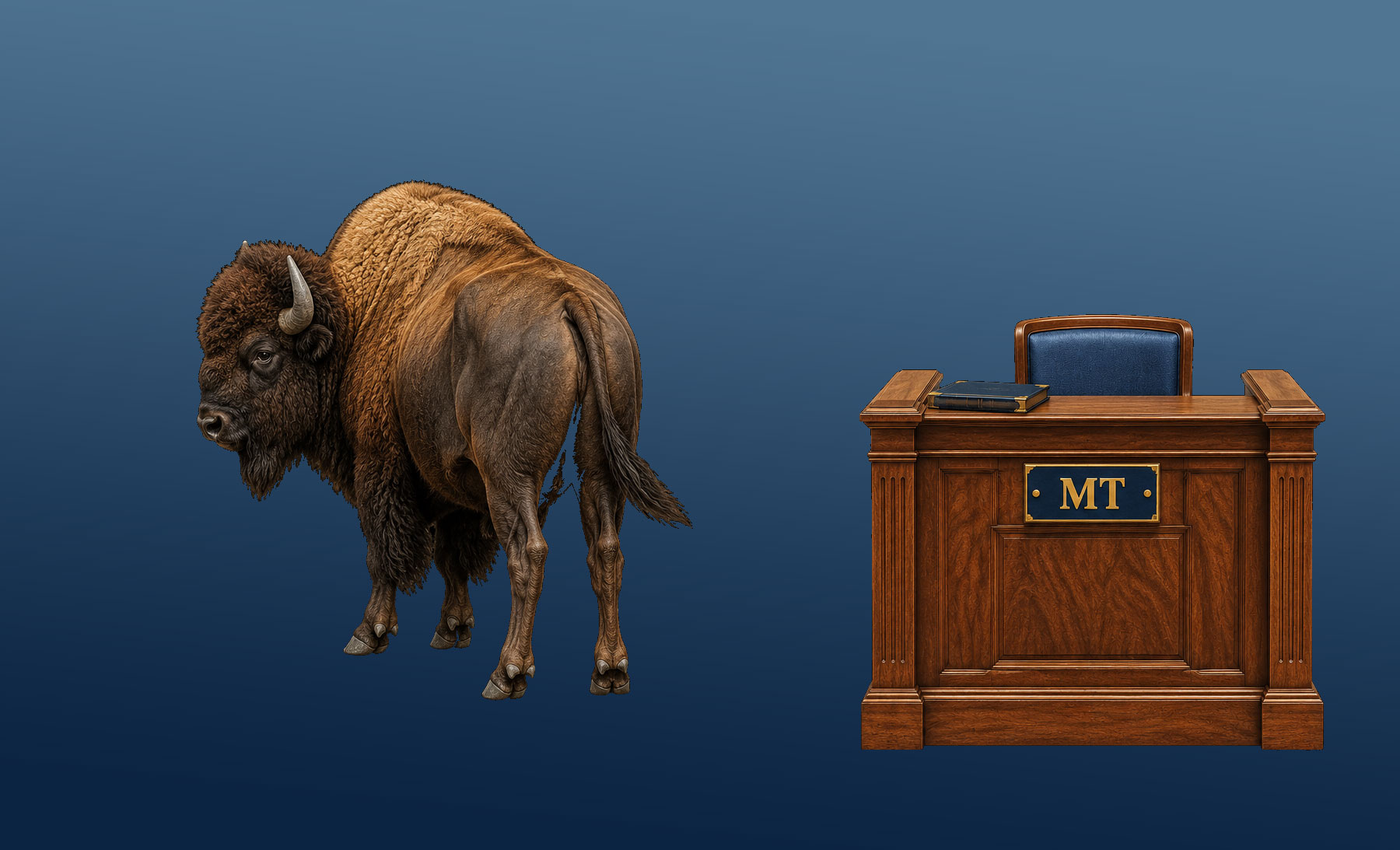 Montana legal humor illustration: a bison refusing to approach the bench