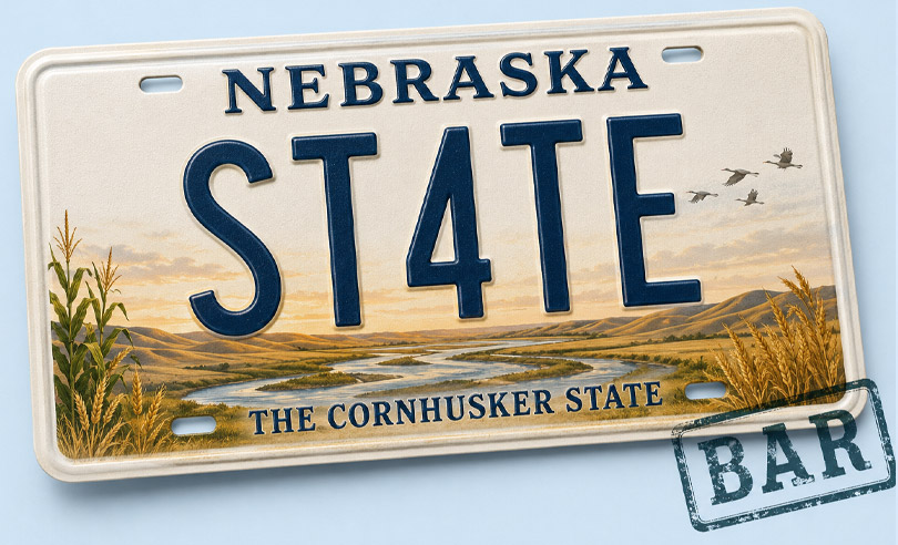 Nebraska state license plate banner for ST4TEBAR online bar exam preparation and legal courses