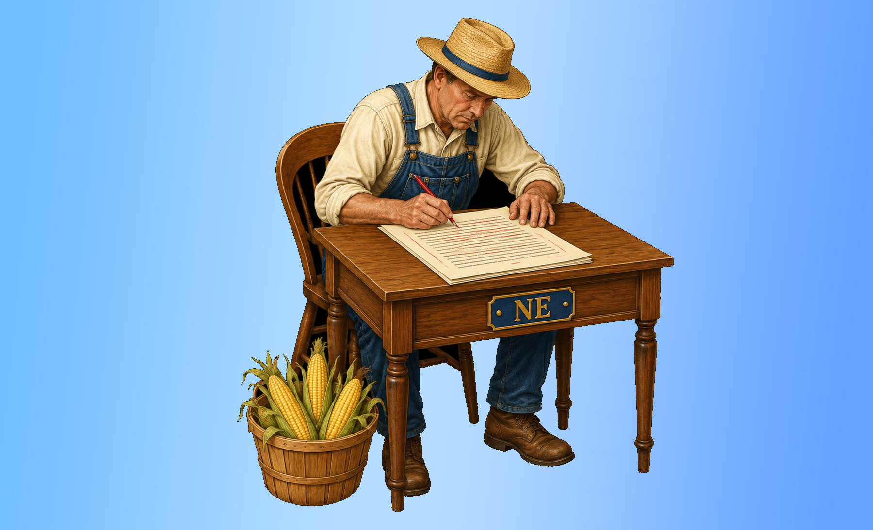 Nebraska legal humor illustration: a cornhusker redlining a contract