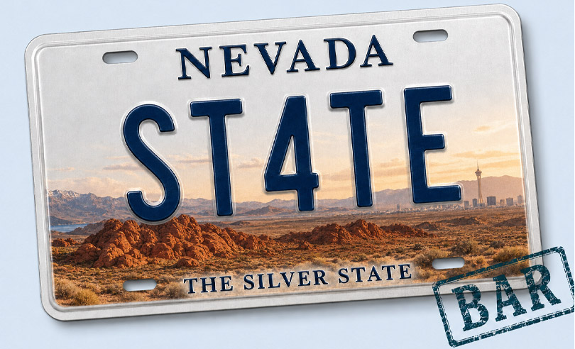Nevada state license plate banner for ST4TEBAR online bar exam preparation and legal courses