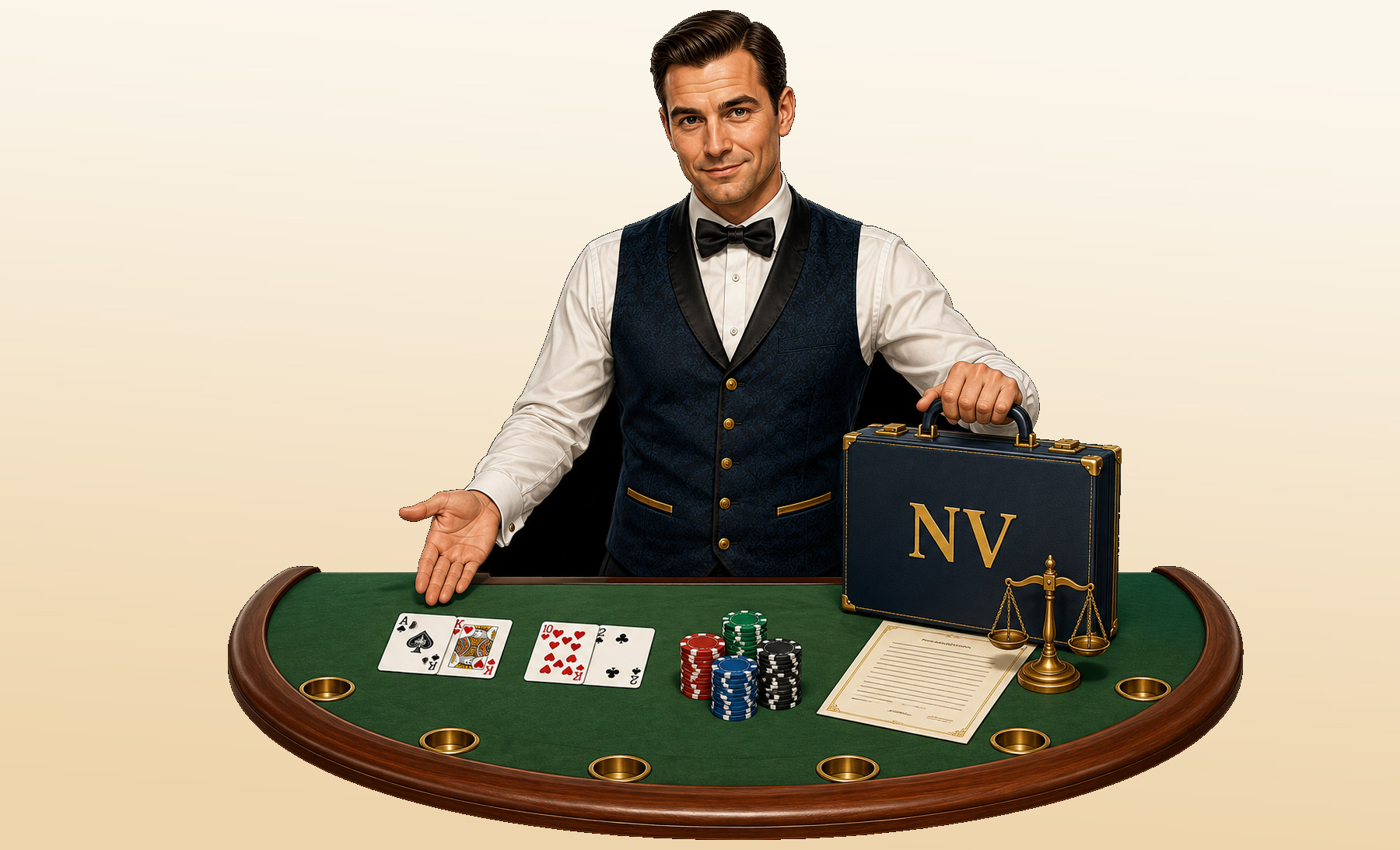 Nevada legal humor illustration: a casino dealer reminding everyone that the house always retains counsel