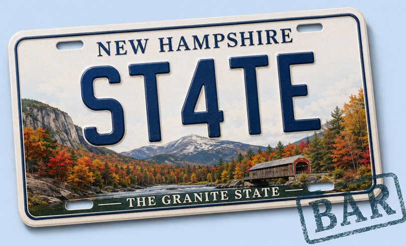 New Hampshire state license plate banner for ST4TEBAR online bar exam preparation and legal courses
