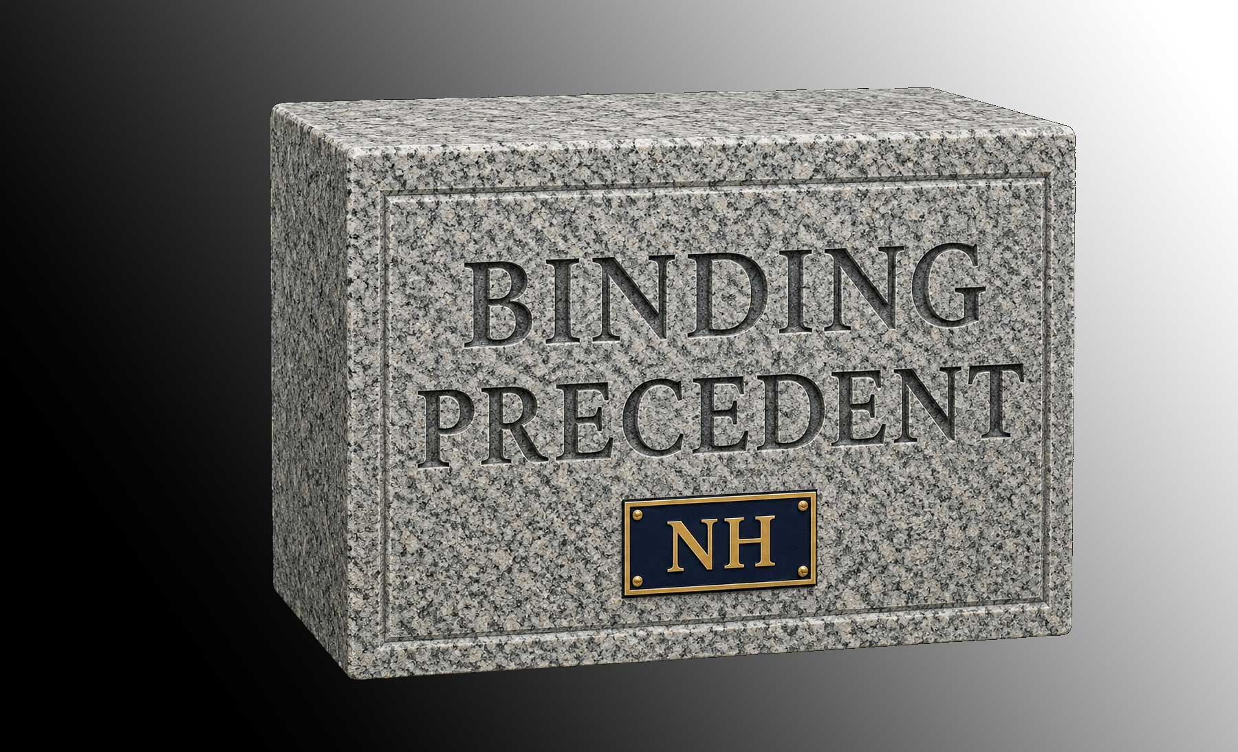 New Hampshire legal humor illustration: a granite block marked “binding precedent”