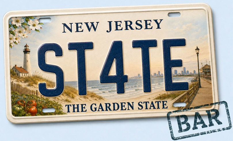 New Jersey state license plate banner for ST4TEBAR online bar exam preparation and legal courses