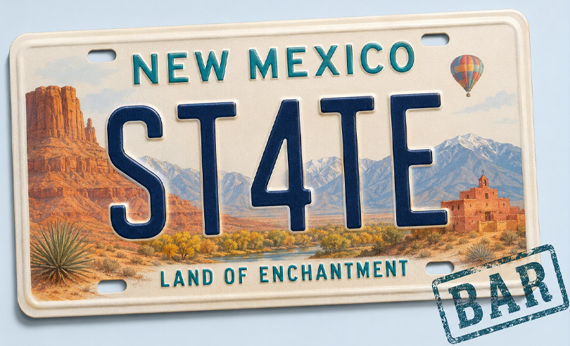 New Mexico state license plate banner for ST4TEBAR online bar exam preparation and legal courses