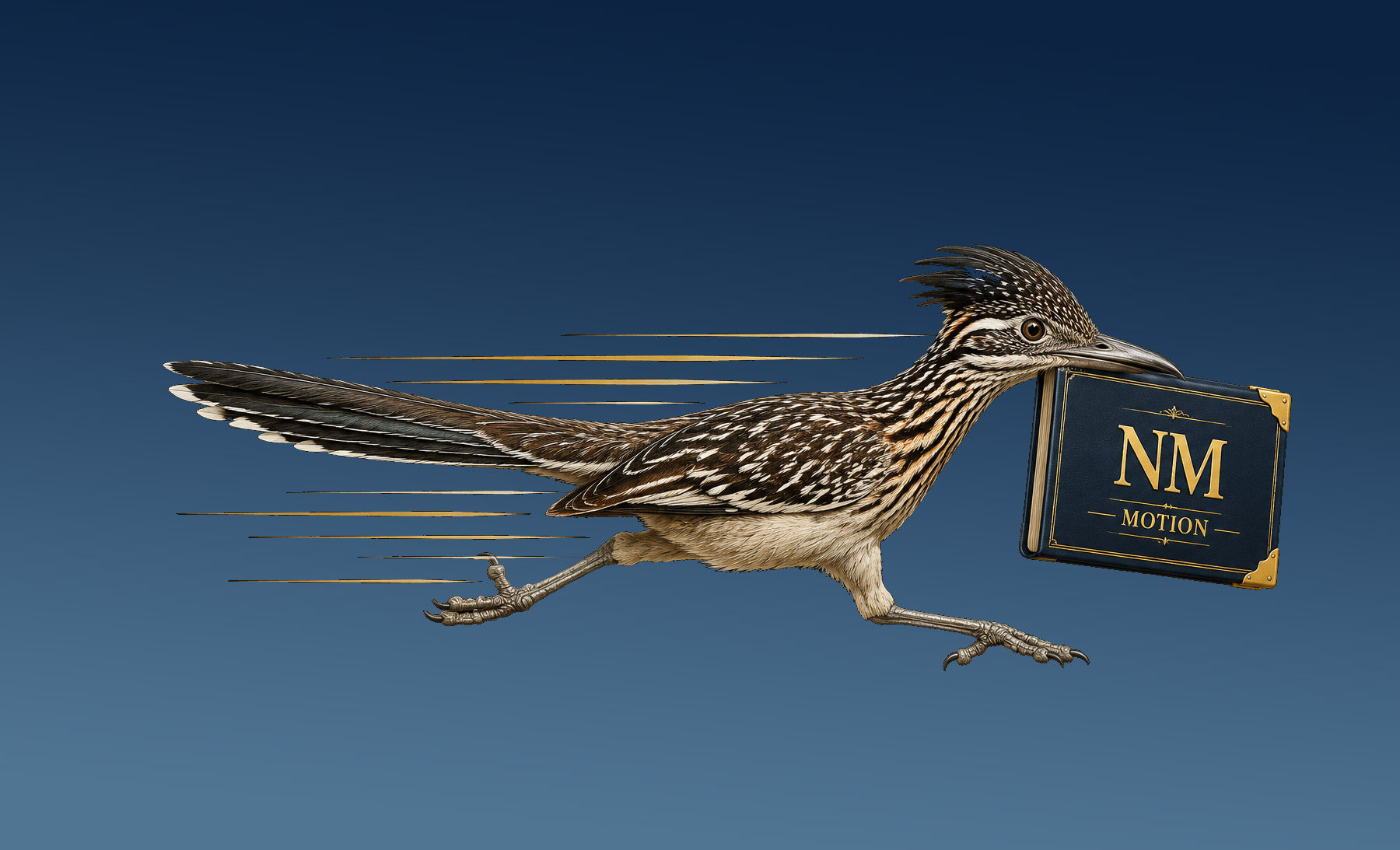 New Mexico legal humor illustration: a roadrunner delivering a motion at impossible speed