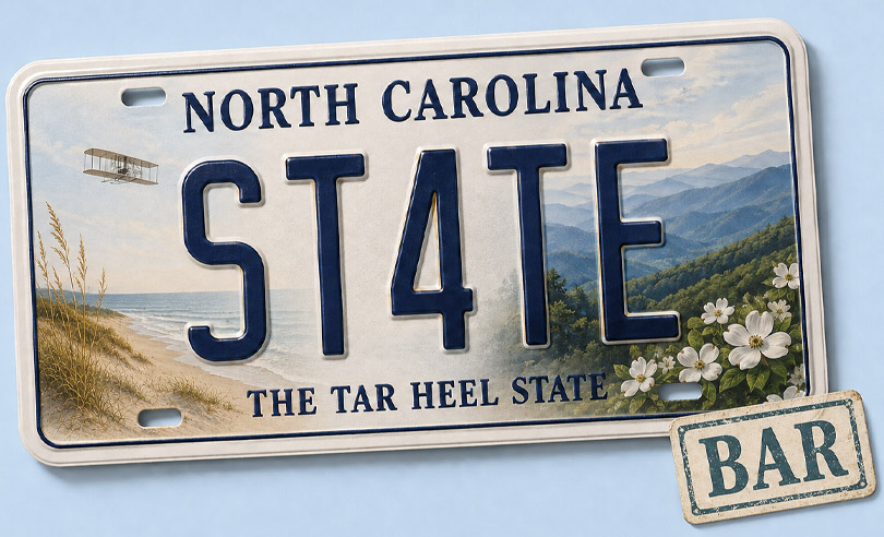 North Carolina state license plate banner for ST4TEBAR online bar exam preparation and legal courses