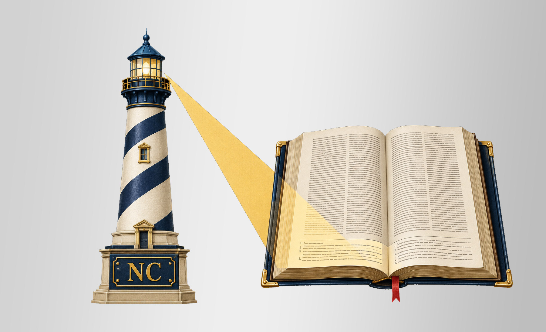 North Carolina legal humor illustration: a lighthouse illuminating the footnotes