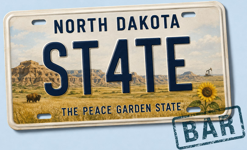 North Dakota state license plate banner for ST4TEBAR online bar exam preparation and legal courses