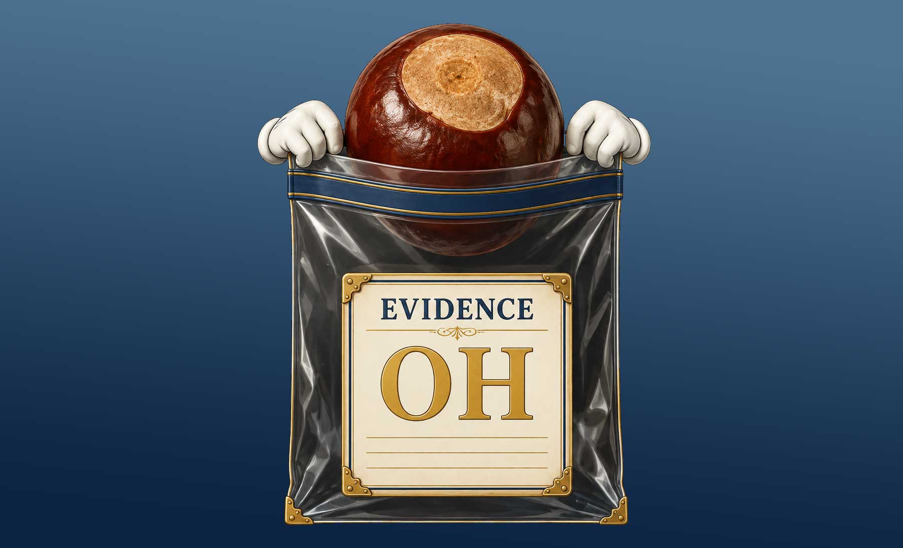 Ohio legal humor illustration: a buckeye entering itself into evidence