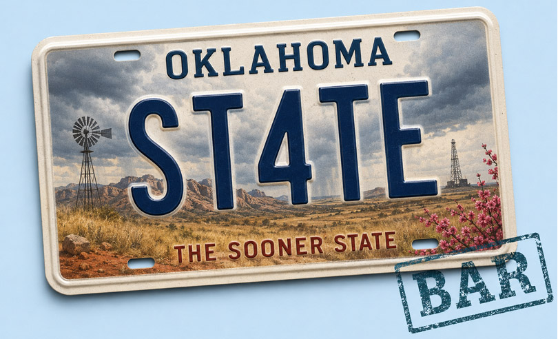Oklahoma state license plate banner for ST4TEBAR online bar exam preparation and legal courses