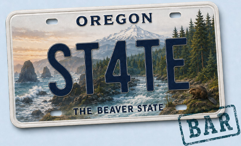 Oregon state license plate banner for ST4TEBAR online bar exam preparation and legal courses