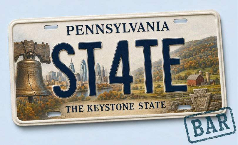 Pennsylvania state license plate banner for ST4TEBAR online bar exam preparation and legal courses
