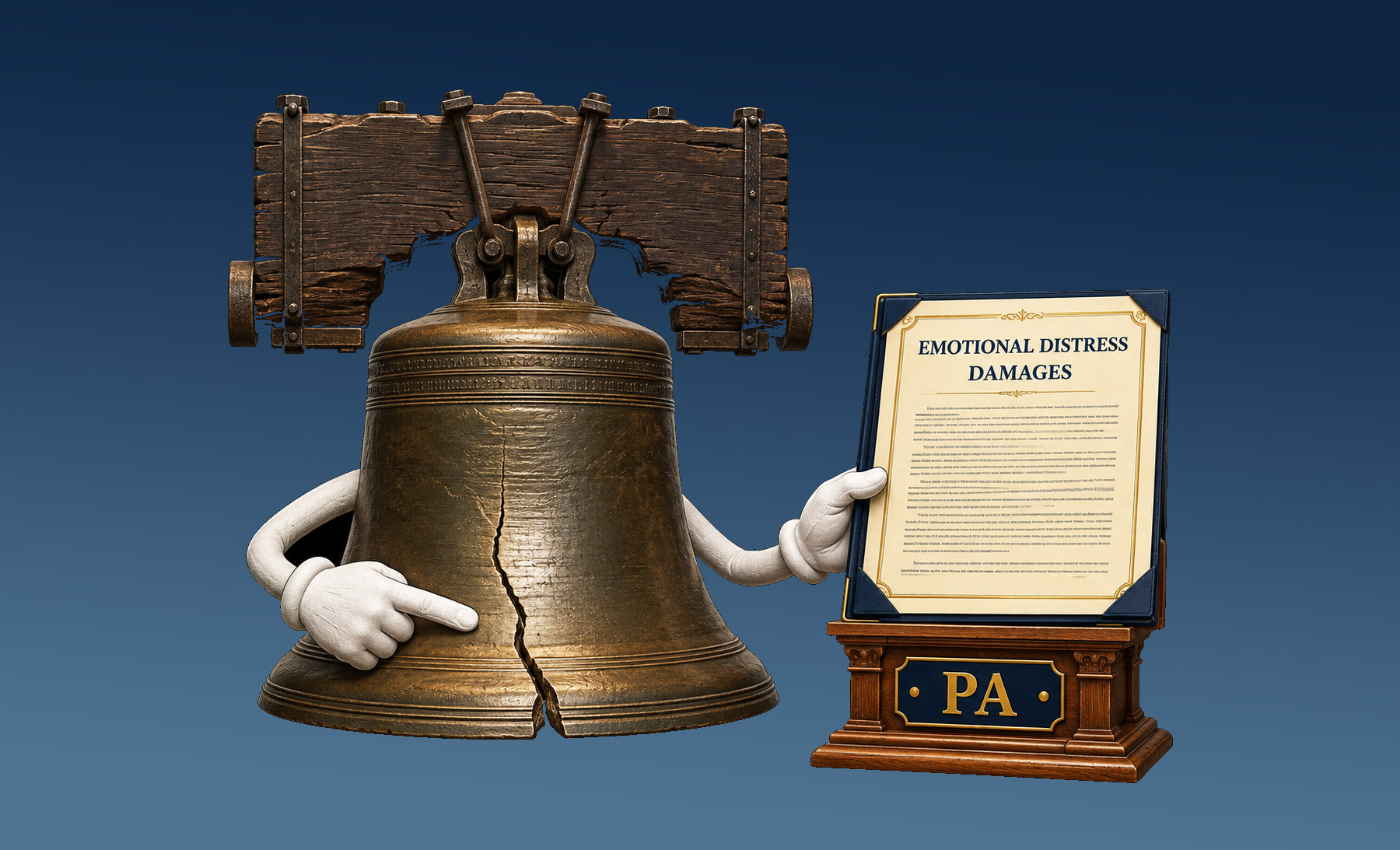 Pennsylvania legal humor illustration: the Liberty Bell requesting damages for emotional distress