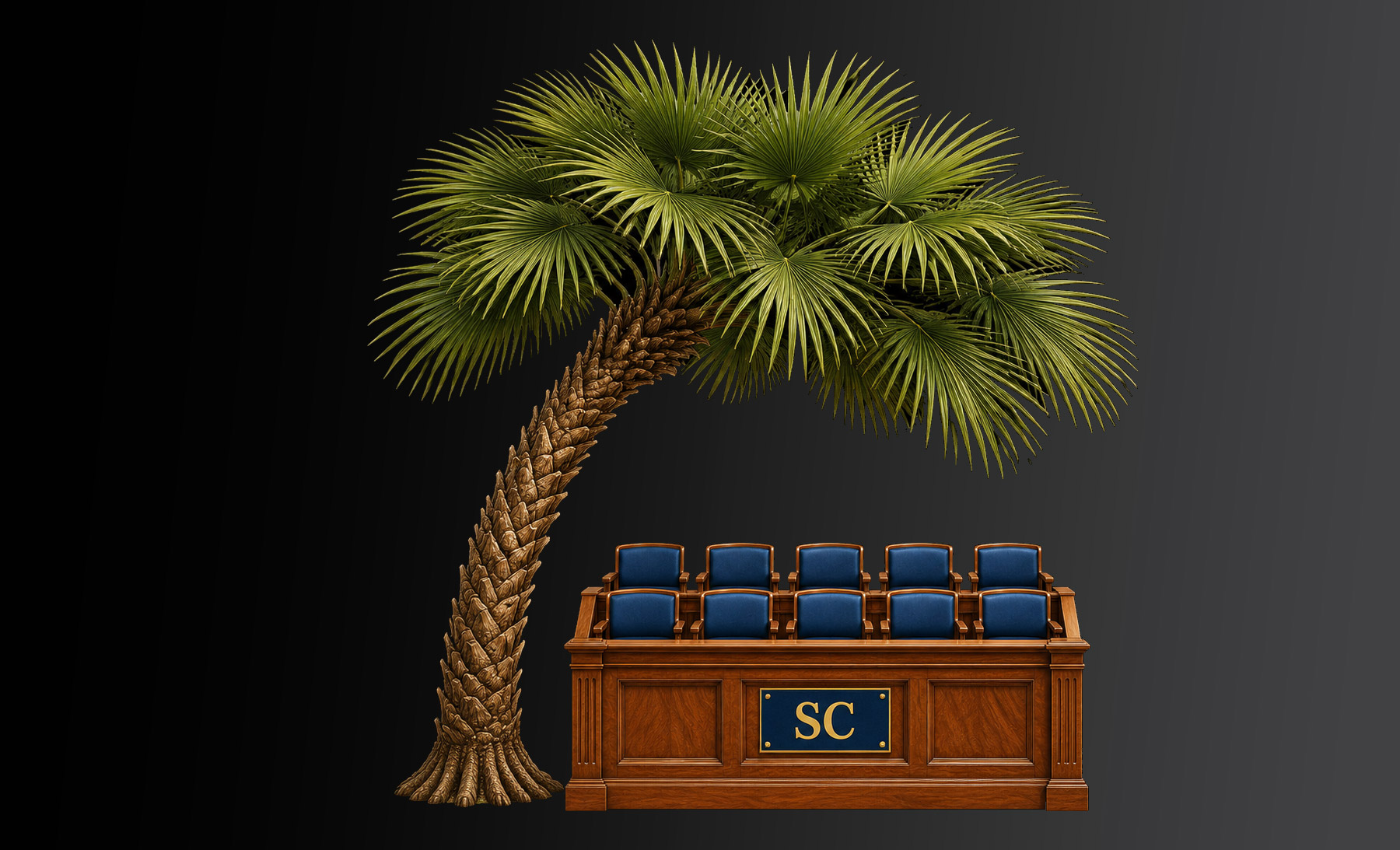 South Carolina legal humor illustration: a palmetto tree sheltering a jury box