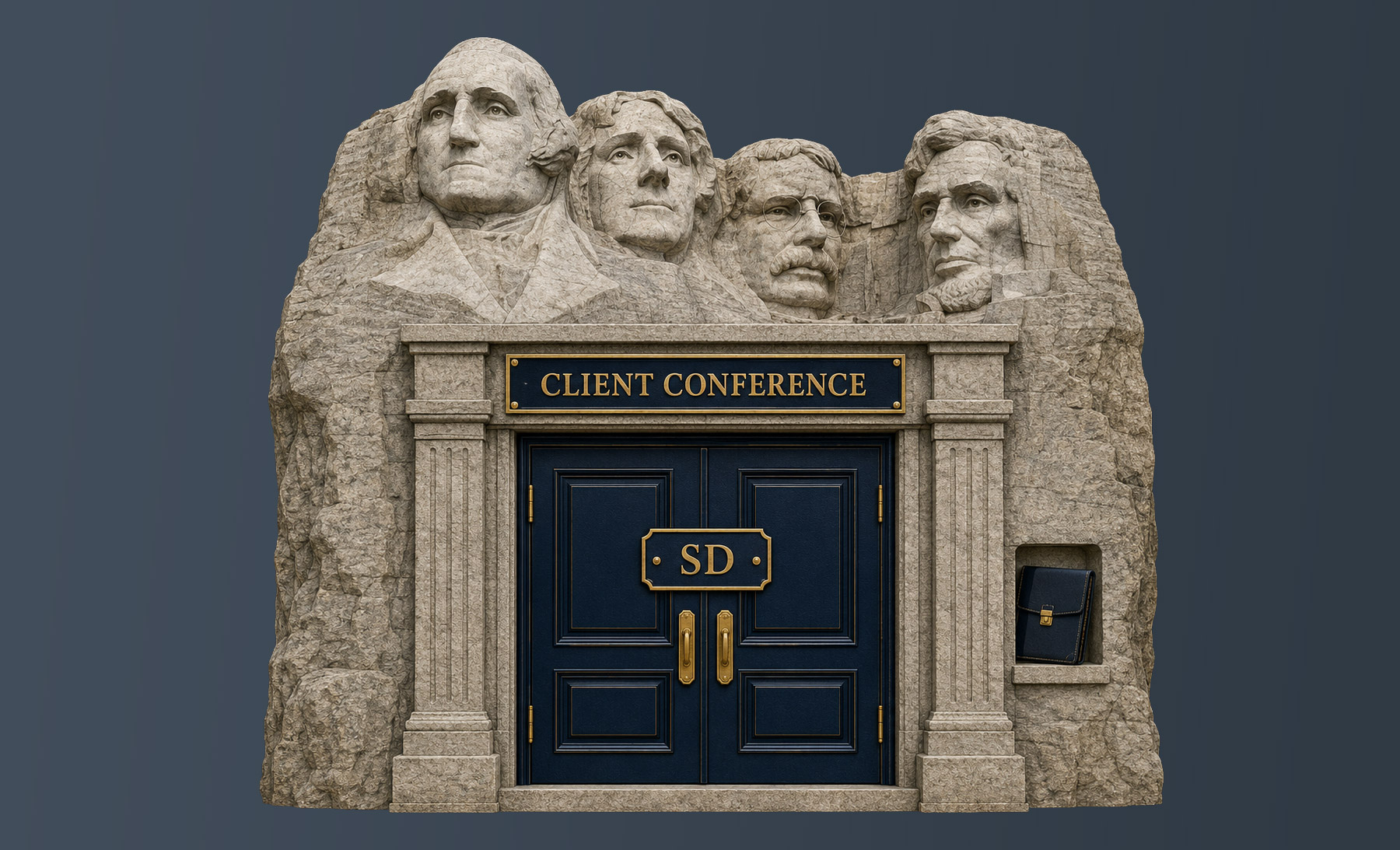 South Dakota legal humor illustration: Mount Rushmore holding a closed-door client conference